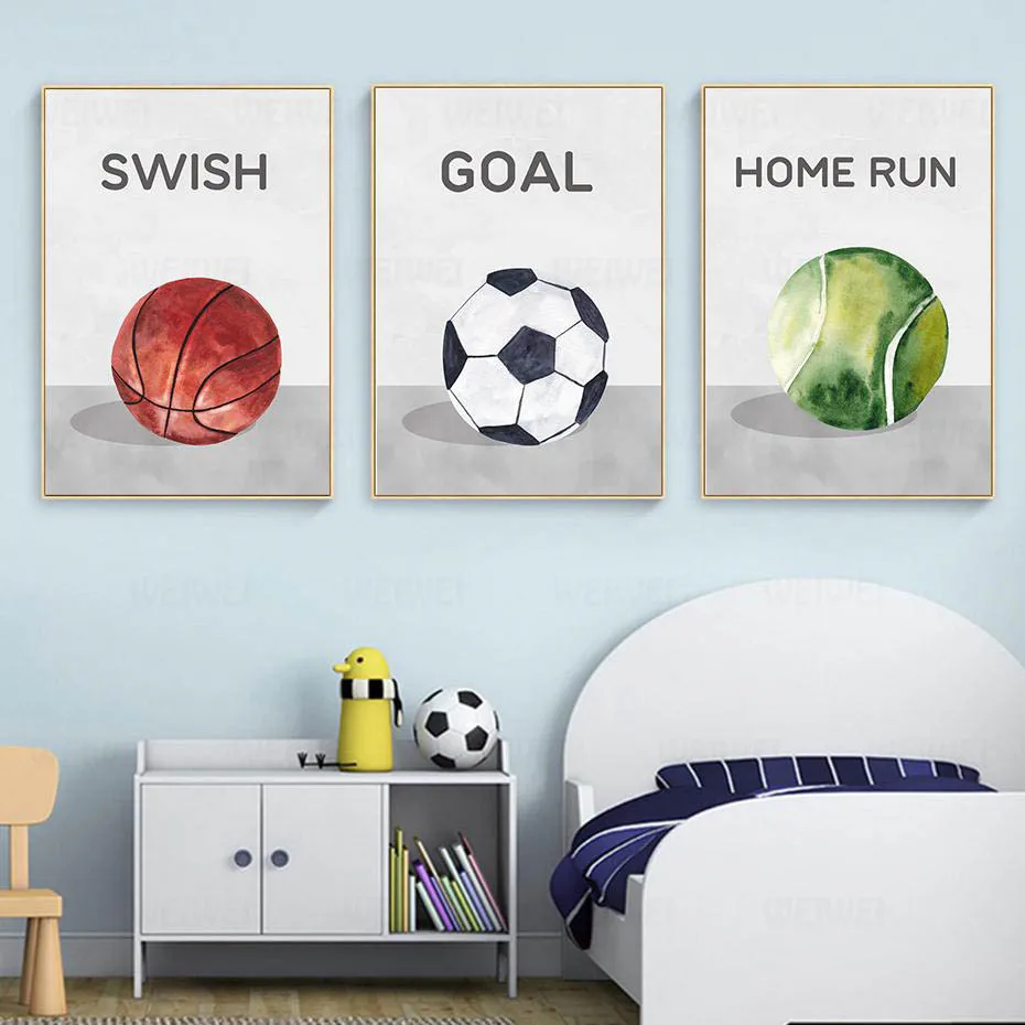 

Sport Balls Soccer Football Wall Art Canvas Painting Watercolor Print Poster Picture Teen Boys for Kids Room Playroom Home Decor