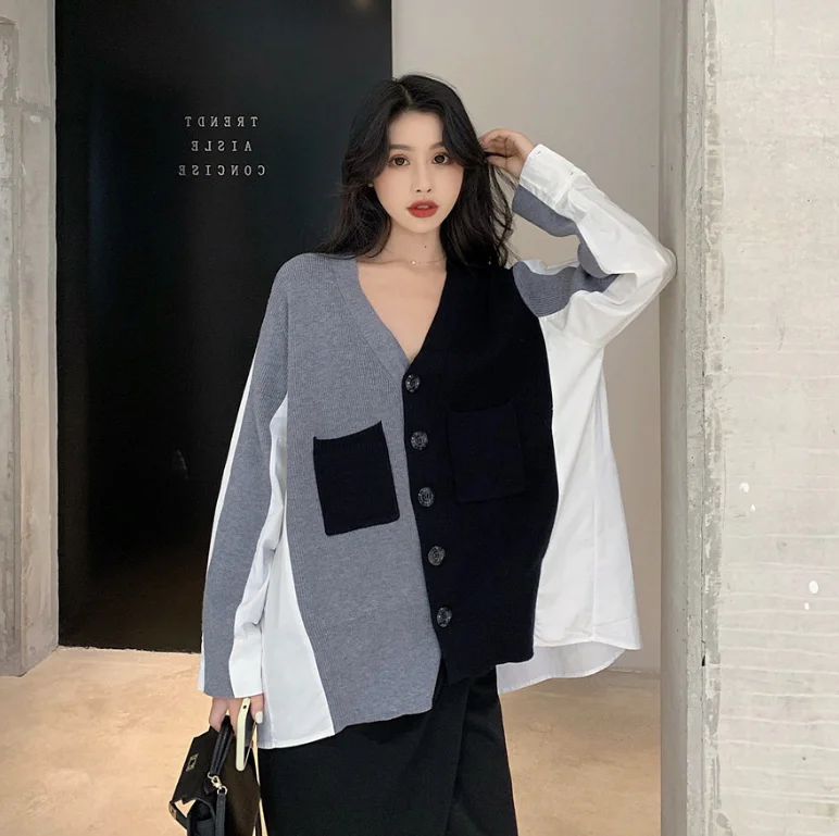 

2020 spring autumn V-neck shirt new long-sleeved cardigan Korean sense top Hong Kong flavor retro fake two-piece shirt sweater