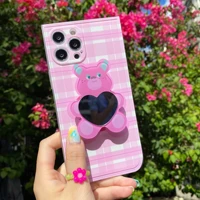 cute cartoon bear stand holder phone case for iphone 12 11 pro max xr x xs max 7 8 plus cover heart mirror lovely fundas coque