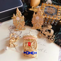 hoseng luxury palace retro golden castle brooch pumpkin car trojan new women man elegant jewelry enamel pin with crystal hs_8363