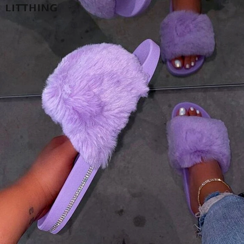 

Dropshipping Winter Home Shoes Women House Slippers Warm Faux Fur Ladies Cross Soft Plush Furry Female Open Toe Slides Shoes