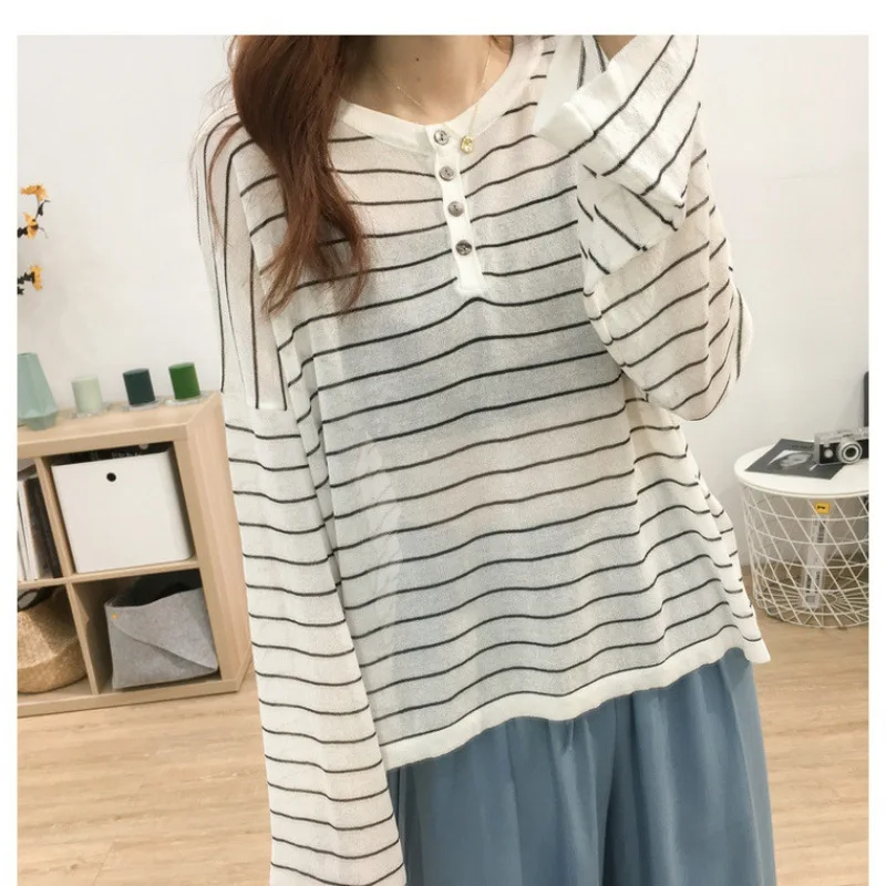 

Round Neck Button Ice Silk Striped Knitted T-shirt Women Korean Version Of Loose Long-Sleeved Sweater Sunscreen Shirt Summer