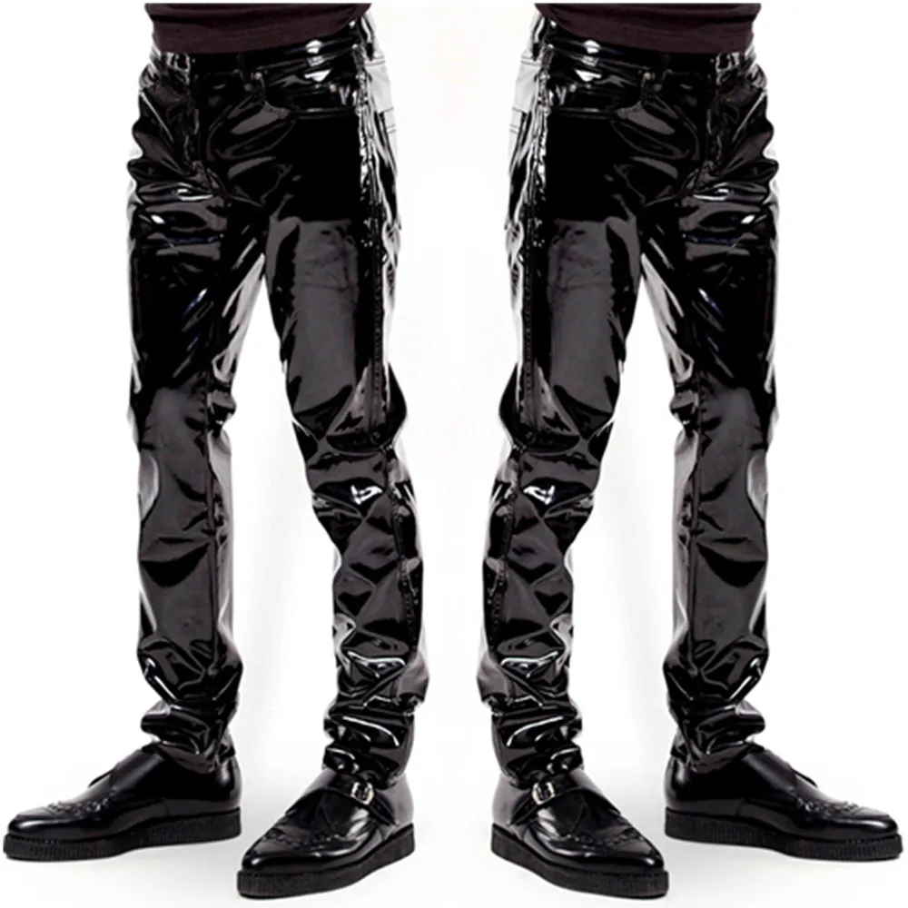 

Fashion Mens Shiny Patent PVC Leather Pants Motorcycle Ridding Black Slim Fit Dance Party Trousers Biker Leather Pants For Male