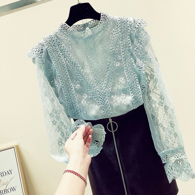 2021 летняя Новинка кружевная женская блузка и рубашки Водолазка синяя прозрачная
