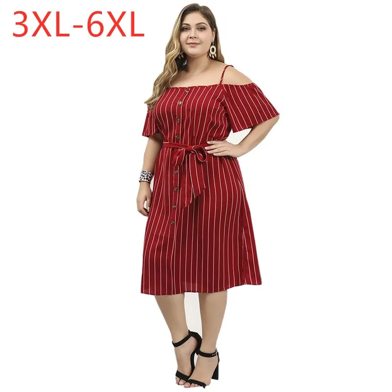 

New 2021 summer plus size long slip dress for women large strapless loose casual red belt stripe dresses 3XL 4XL 5XL 6XL