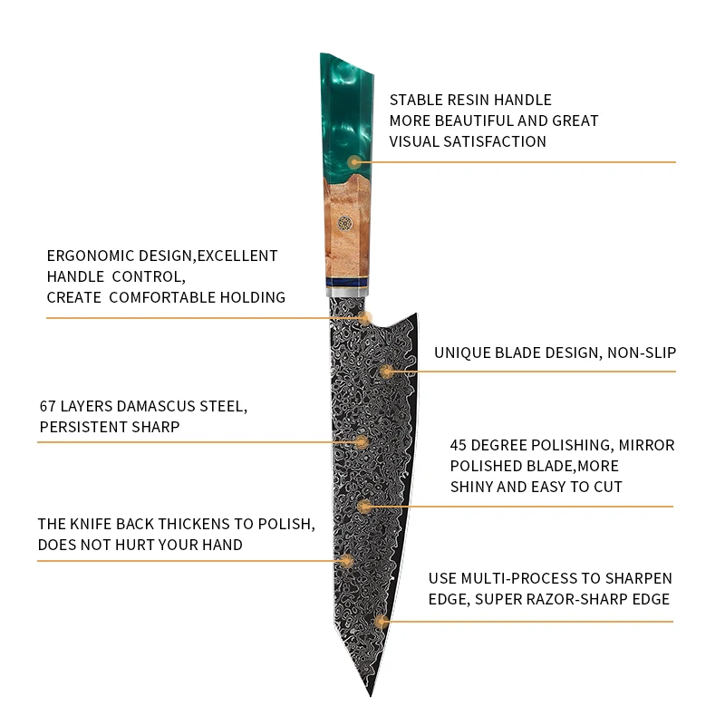 Нож шеф-повара из дамасской стали 67 слоев с ручкой стабилизированной древесины |