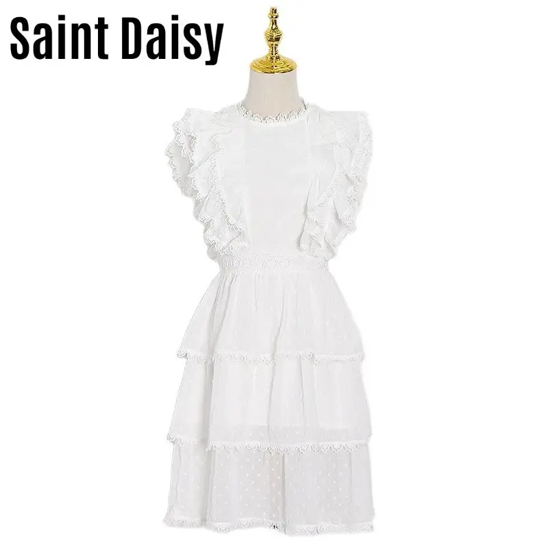 

Белое платье SaintDaisy для выпускного вечера, французское элегантное Сетчатое кружевное платье с высоким воротом и Расклешенным рукавом, с рюш...