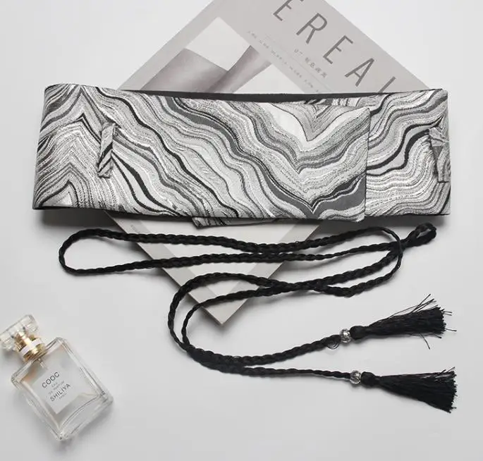 Новинка модный широкий пояс серого цвета Оби Cummerbund с кисточками бант завязанный