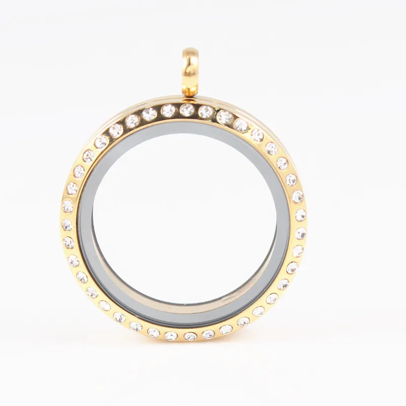

Rhinestone Round Gold Twist Screw Floating Locket 316L Stainless Steel Floating Memory Glass With crystal Locket Pendant