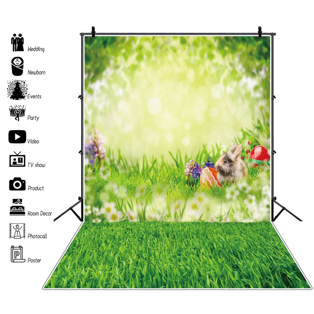 

Spring Happy Easter Backdrop Grassland Eggs Rabbit Flower Nature Baby Vinyl Photography Background For Photo Studio Photocall
