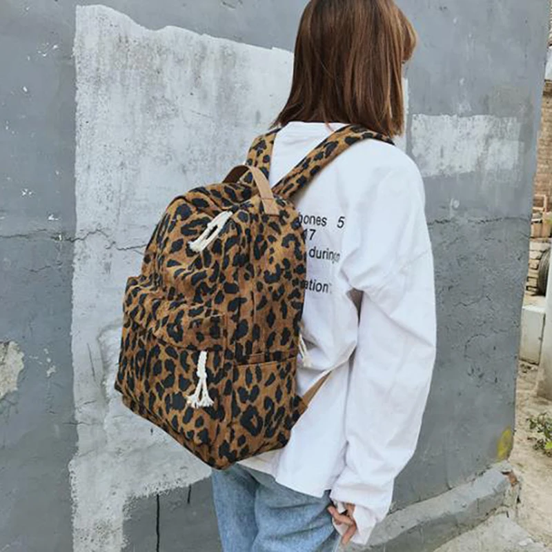 

Fashion Female Backpack Leopard Print Corduroy Dual-Straps Woman Travel Backpack Large Capacity Girl School Shoulder Bag