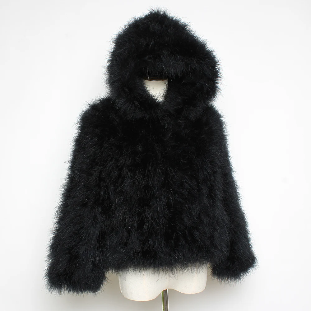 Женское пальто с капюшоном из страусиного меха Короткая Повседневная куртка 100%