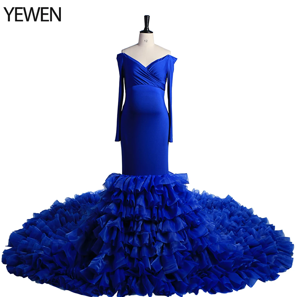 

Royal Blue Full Sleeves Strech Fabric Mermaid Maternity Outfits for Photoshoot Pregnancy Gowns Dresses Yewen 2021