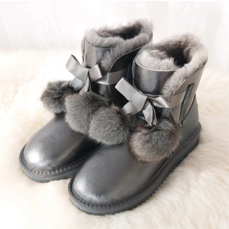 gray waterproof G& Zaco/роскошные ботинки из натуральной овечьей кожи; женская обувь из овечьей шерсти; женские водонепроницаемые зимние ботинки; зимние кожаные ботинки с бантом; обувь с лисьими помпонами - Цвет: gray waterproof