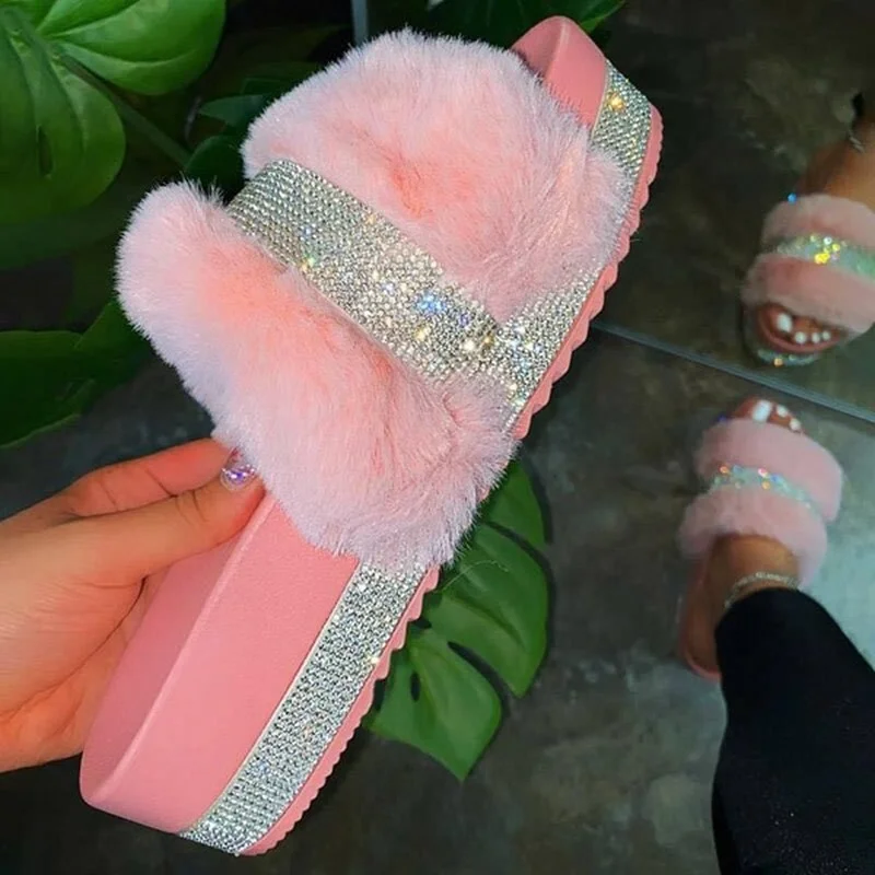 

Luxury Designer Women Fur Rhinestone Slippers Platform Wedges Heel Solid Fluffy Furry Slides Outside Sexy Shoes Ladies Whosale