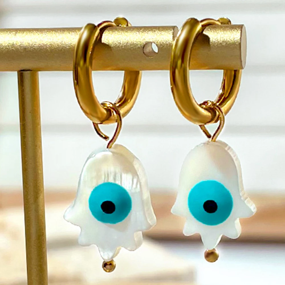 

1Pair Natural Shell Fatima Hand Evil Eye Stainless Steel Earrings For Women Golded Hoop Huggie Earrings Turkish Jewelry Gifts