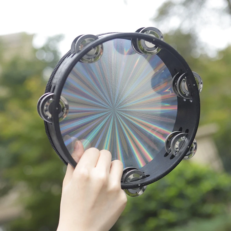 

8-Inch Radiant Tambourine Handbell Tambourine, Double Row Jingle, Reflective Drum Head Percussion Musical Toy