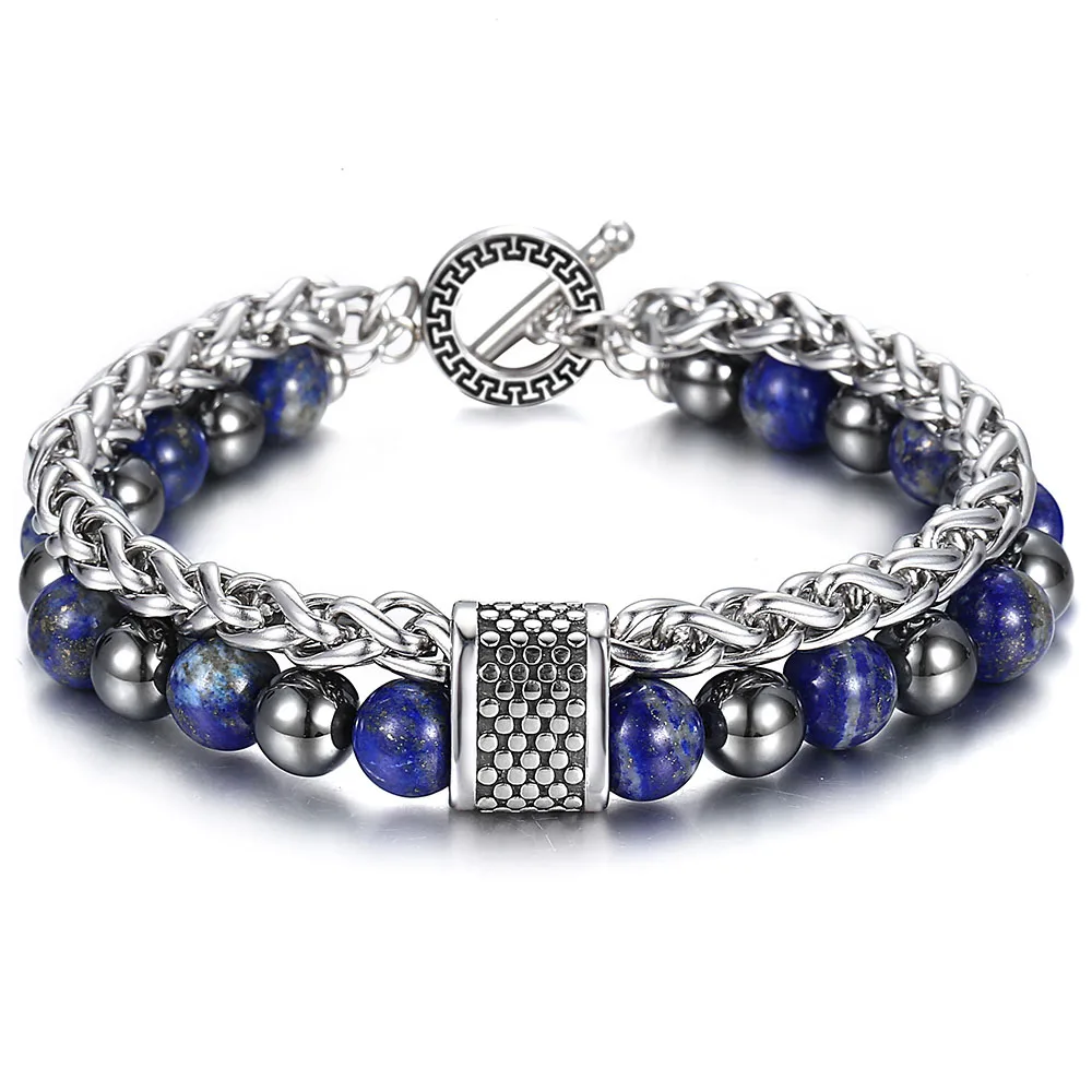 

8MM Double Layers Stone Beaded Bracelet for Men Boys Lapis Lazuli Hemitate Metal Lava Stone Stainless Steel Cable Chain TBX00109