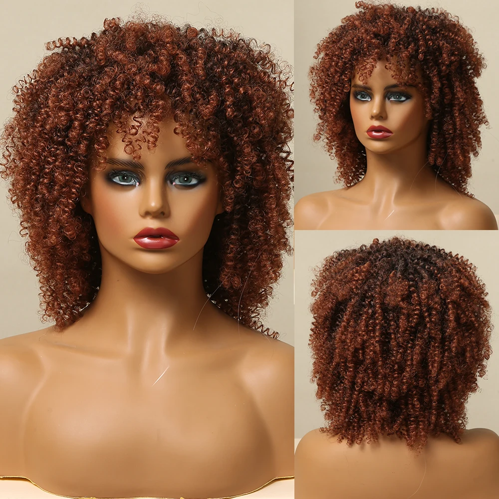 

ALAN EATON Ombre Black Brown Red Copper Medium Curly Wigs with Bangs Natural Synthetic Wigs for Black Women Afro Heat Resistant