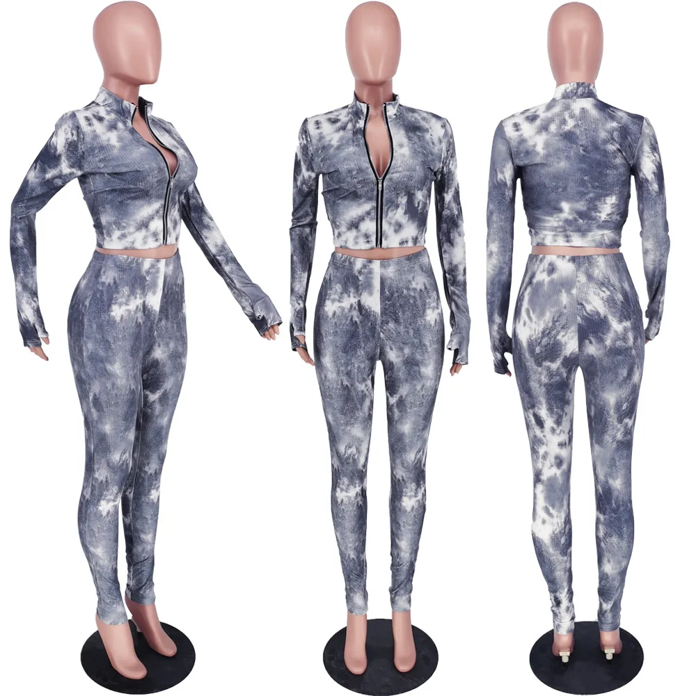 

Women Two Piece Set Outfits Autumn Ribbed Tie Dye Print Women's Set Knitted Zipper Sweater Tops Pants Suit Tracksuit Matching
