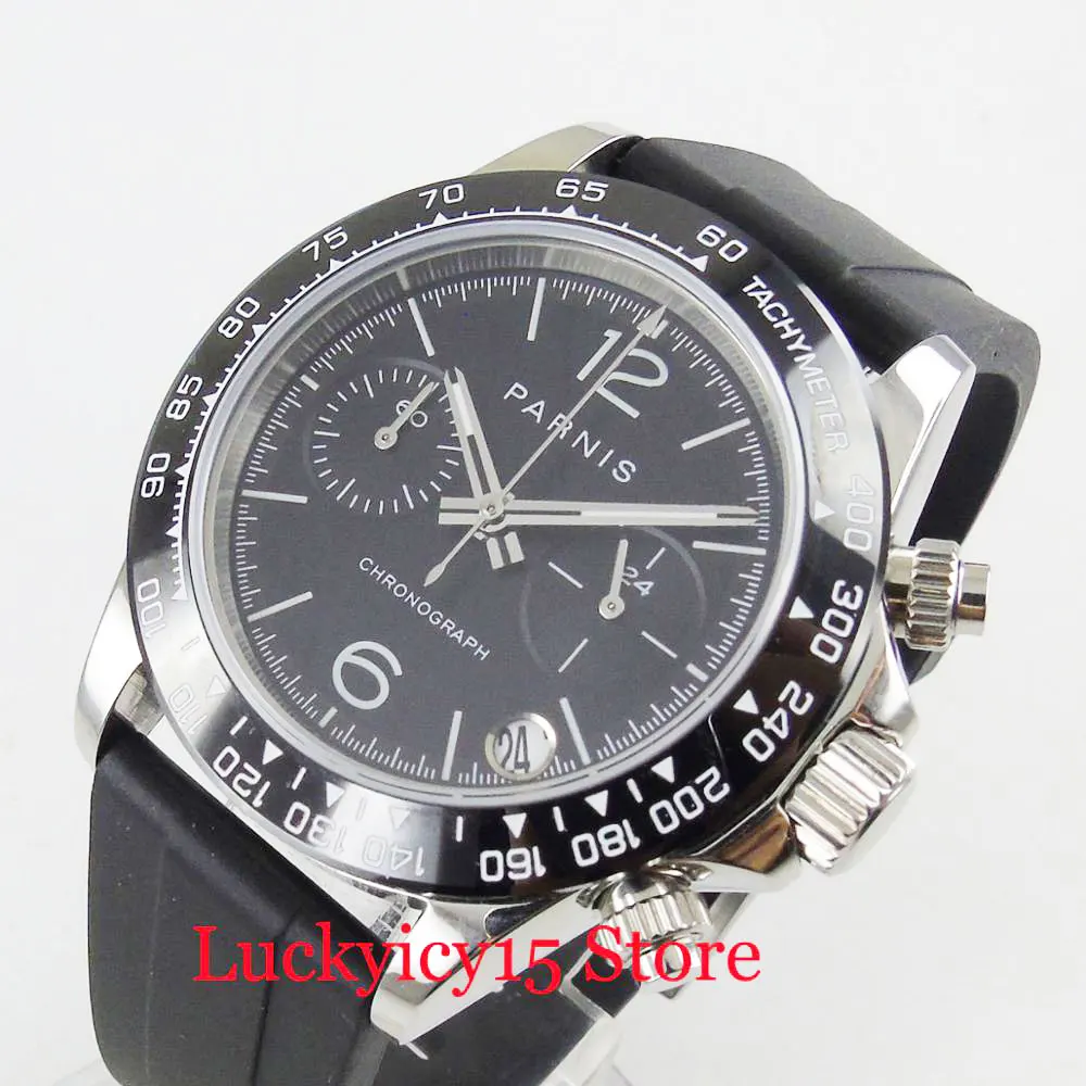 PARNIS Хронограф Функция 39 мм кварцевые мужские часы полированные корпус резиновый