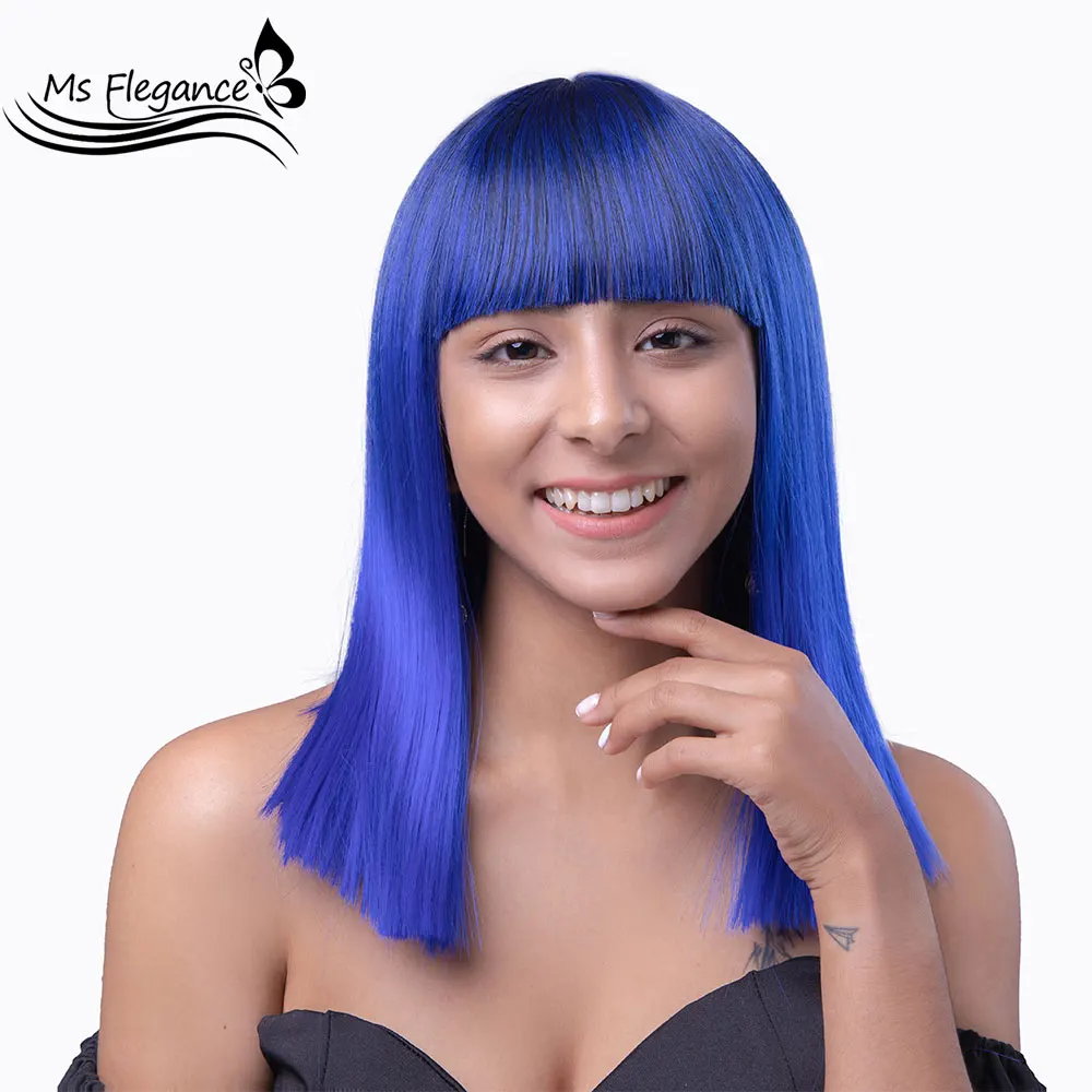 MS FLEGANCE 16 дюймов синий прямой косплей парик с челкой синтетический парик для женщин короткий парик прямой боб парик Фиолетовый Черный Лолита... от AliExpress WW