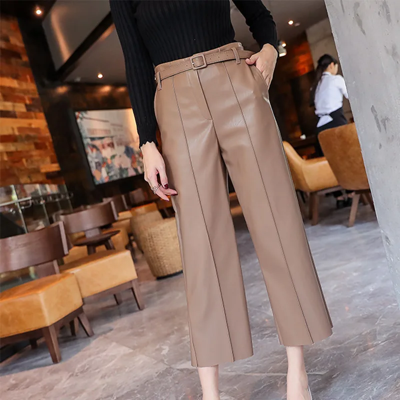 Хаки Autumn Faux PU Leather Pants Women With Belt High Waisted Wide Leg Anke-length Women's Trousers Winter NEW Fashion Clothes - Цвет: Хаки