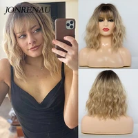 jonrenau synthetic wigs dark root ombre blonde color middle length water wave hair wigs with bangs for white black women