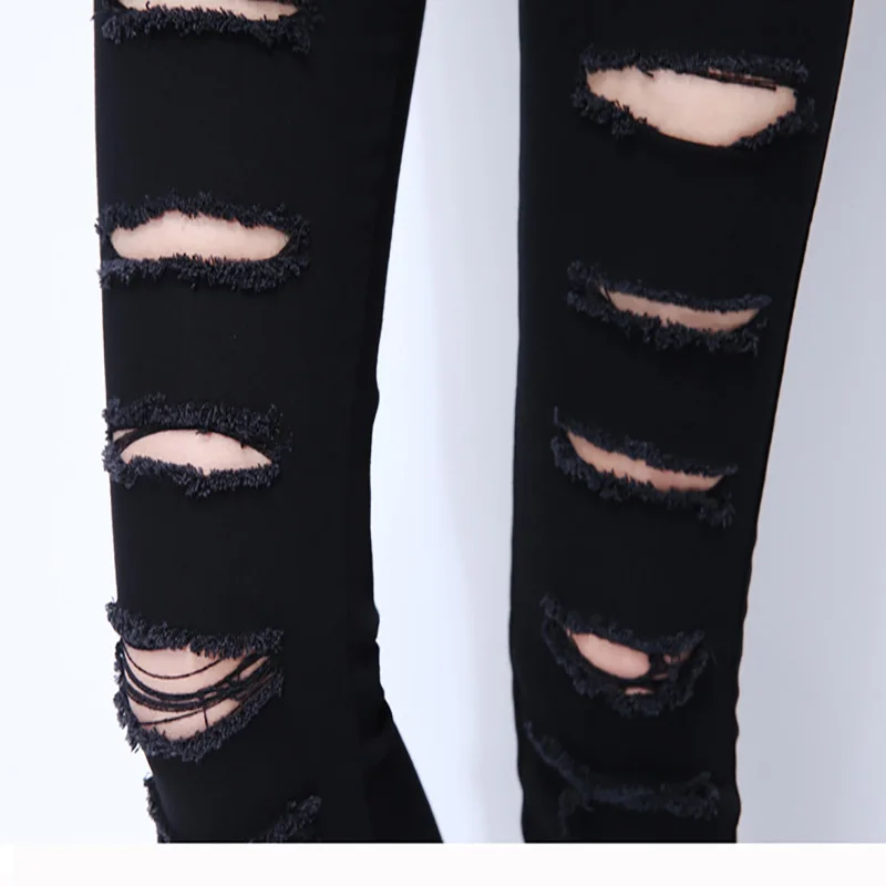 

Spring 2021 Light Mature Fashion Ripped Mom Jeans Women's Mid-Waist Small Feet Sexy Leggings Black Distressed Denim Trousers