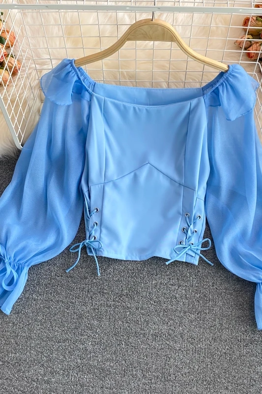 

2021 New Summer Temperament slash neck collar Lantern Sleeve Shirt cross bandage Ruffles high waist pleated short Shirt Top