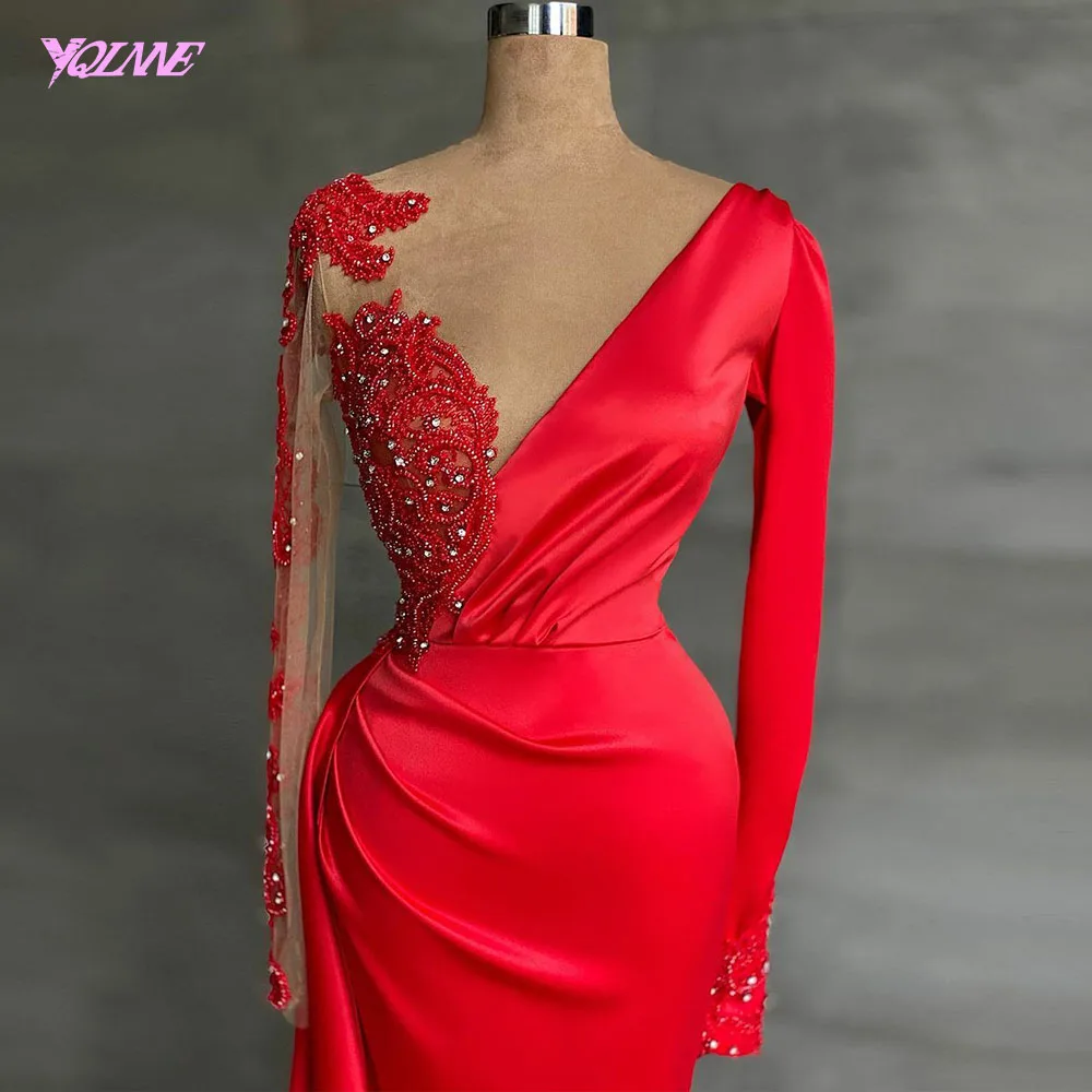 

YQLNNE Vestidos Fashion Red Rhinestones Evening Dresses Mermaid Long Sleeve Satin Beaded Pageant Gown Competition Couture