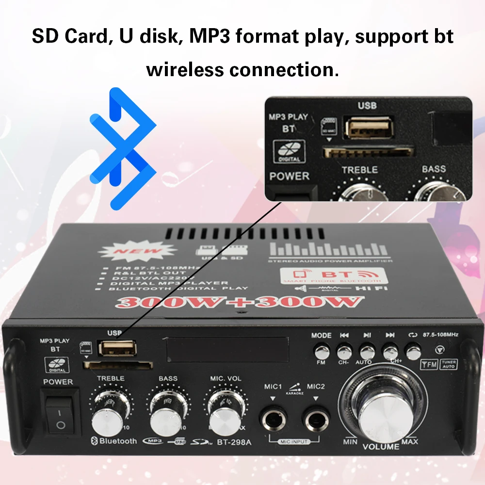 Портативный мини усилитель мощности 600 Вт 2CH аудио 12 В/220 В ЖК дисплей Hi Fi стерео