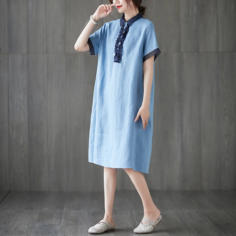 

Summer Artistic Large Size Wooden Ear Color Contrast Patchwork Shirt Dress Loose Leisure Anti-Aging Cotton and Linen Skirt Women