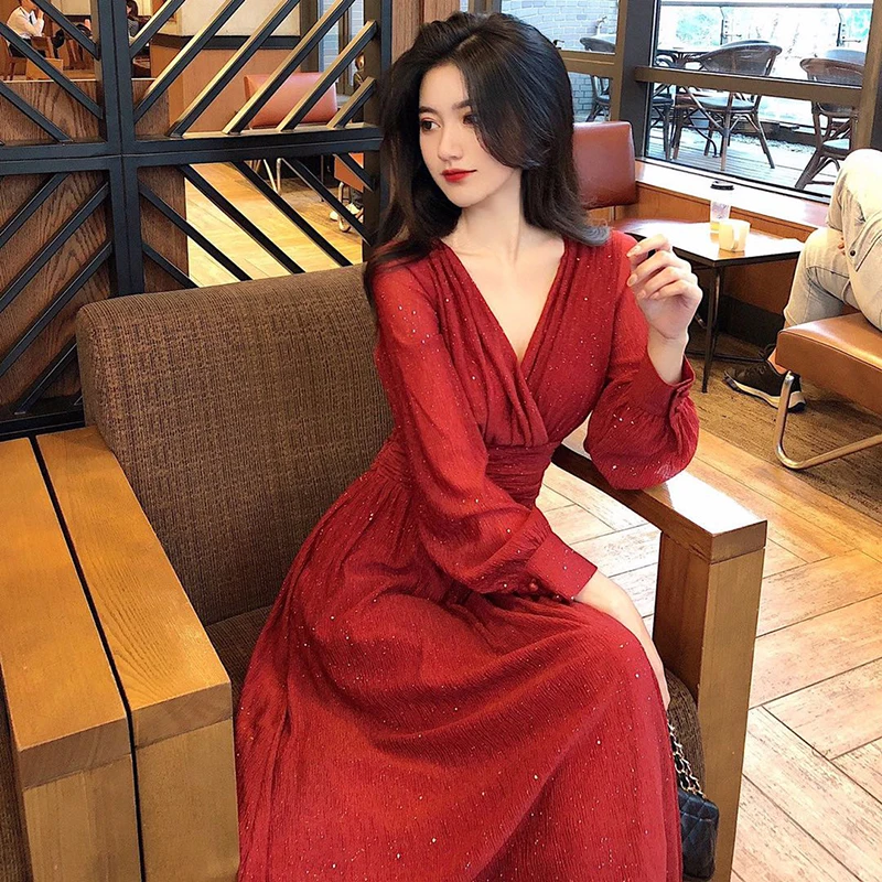 

Women Long Dress Lantern Sleeve A-line Maxi Vestidos Autumn New Elegant Vintage Deep V Neck Winter Dresses Pink red black