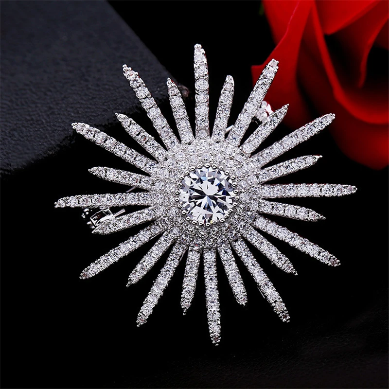 New Large White Cubic Zirconia Sunflower Pin Luxury Crystal Brooches for Women Wedding Jewelry Bling Broach Dress 43mm
