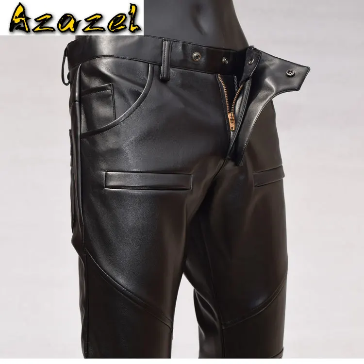 Hot Men New Stitching Leather Pants Male Slim Pencil Pants Korean Fashion Motorcycle Autumn Winter Personality Taper trousers