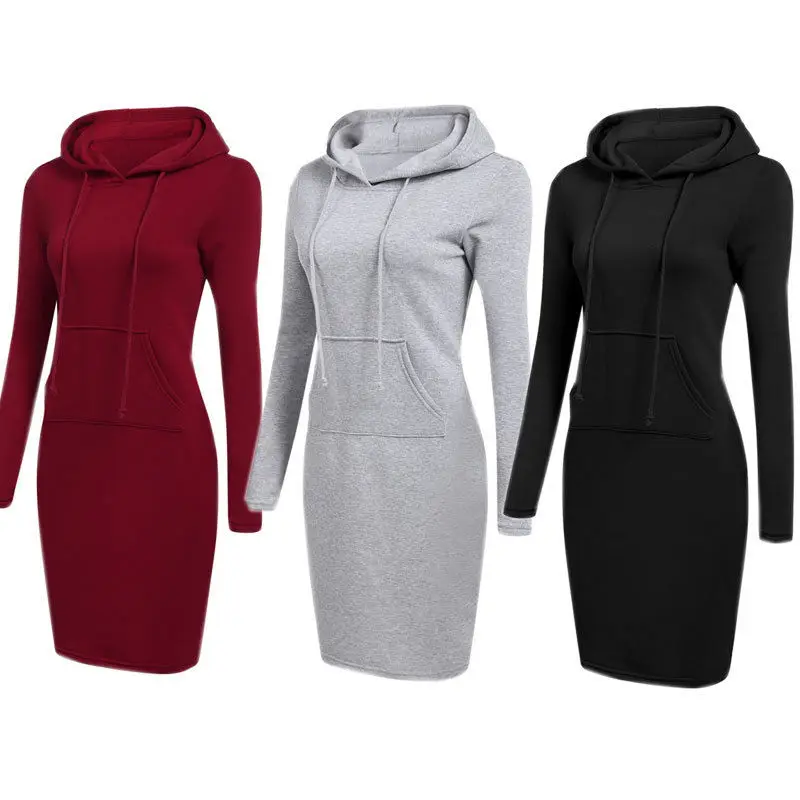 Fashion Women's Hooded Long Sleeve Sweatshirt Fall Autumn Hoodie Casual Style with Pocket Bodycon Tunic Dress Top New Hot Sale