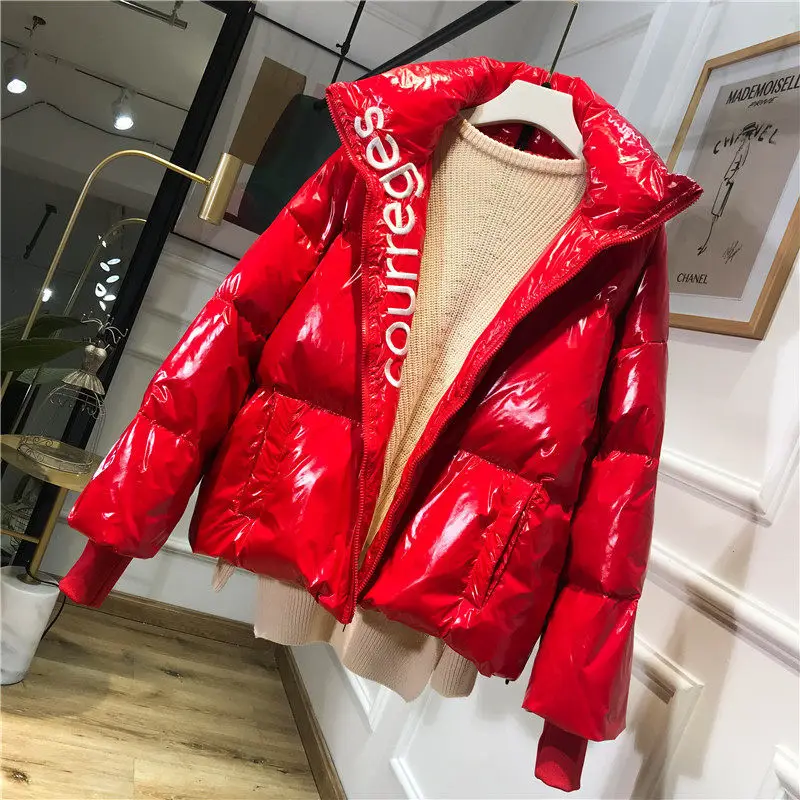 

Jacket Cropped Parka Bubble Coat Winter Women New Fashion Clothing Patent Leather Bright Leather Letter Embroidery Thick Coat