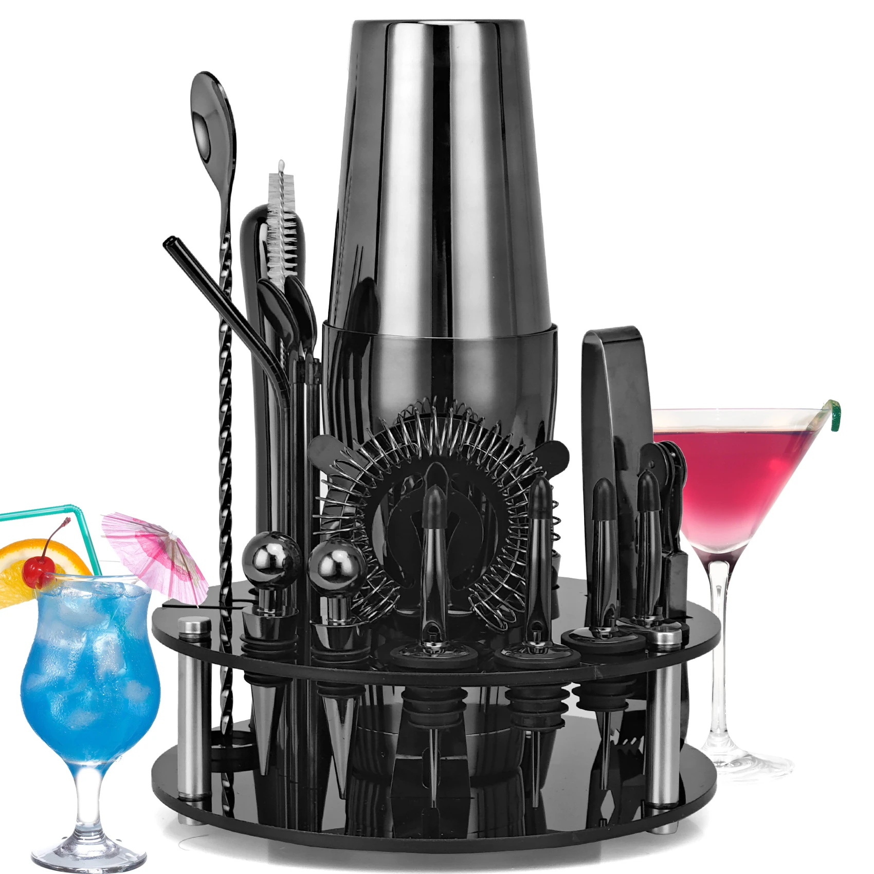Kit de barman, juego de coctelera de oro rosa de 20 piezas con soporte acr&iacute;lico giratorio, para bebidas mezcladas, Martini, hogar, Bar-3