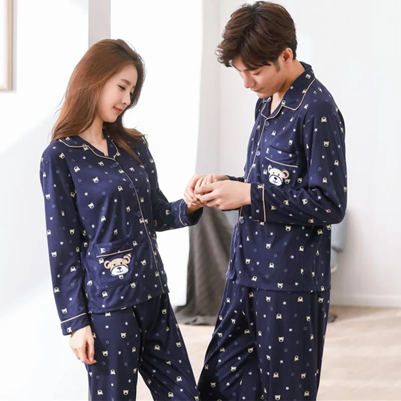 2018 осень пары 100% хлопок пижамные комплекты для женщин с длинными рукавами