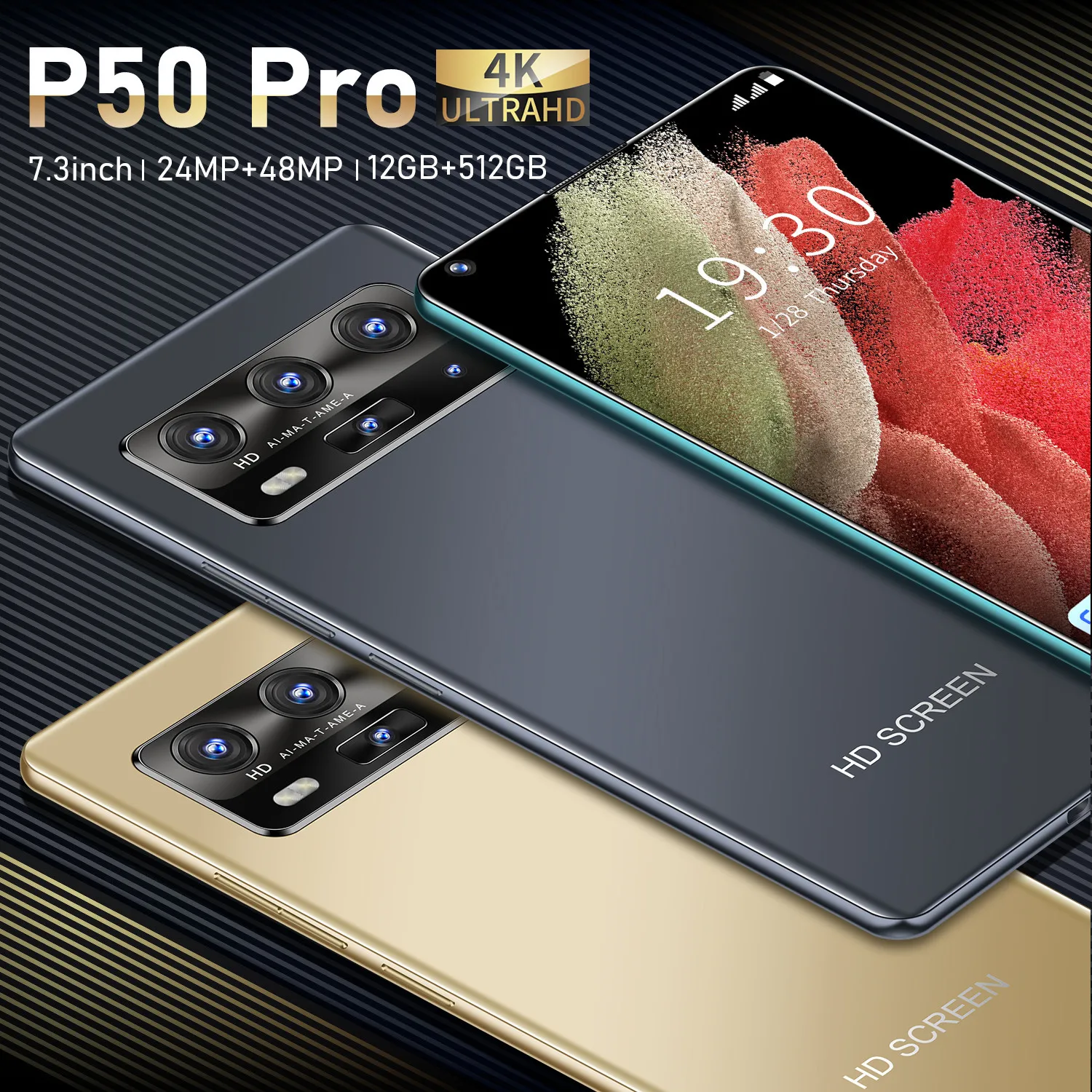 

P50 Pro 10 Core 7.3inch HD 1440*3200 5G 12GB+512GB 24MP+48MP Battery 5600Mah Android 10.0 Face Finger ID Cell Phone