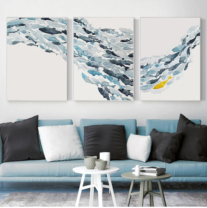 

Canvas Print Poster Abstract Water Color Fish Group Chinese Style Painting Decorative Picture for Living Room Minimalis 3-7