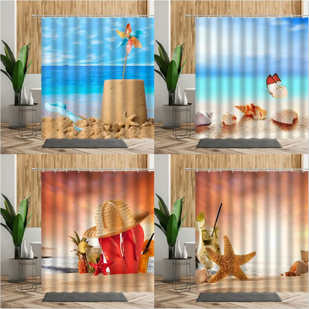 

Занавеска для душа с 3d-изображением пляжа, декоративные аксессуары для ванной комнаты, морская звезда, летняя подвесная Водонепроницаемая ...