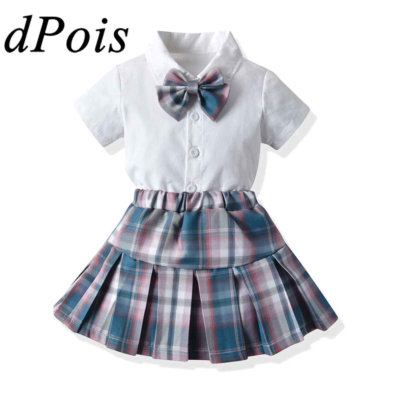 

2Pcs Kids Girls Japanese Style School Uniforms Plaid Skirt Outfits Short Sleeve Bowknot Shirt Tops Pleated Mini Plaid Skirt