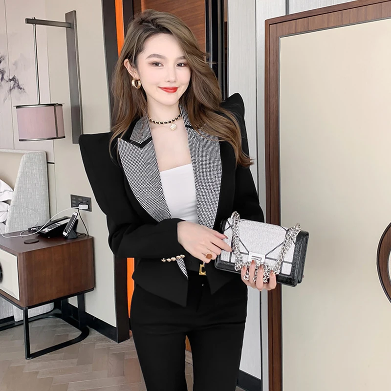 

Fashion Women Elegant Office Notched Neck Shrug Temperament Street Clothes Black Short Female Wild Slim Coat Suit Jacket Blazer