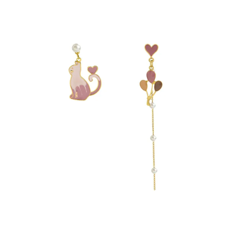 

Cute Cat Love Balloon Asymmetric Earrings Non-Mainstream Korean Tassel Ear Stud Ear Clip Female