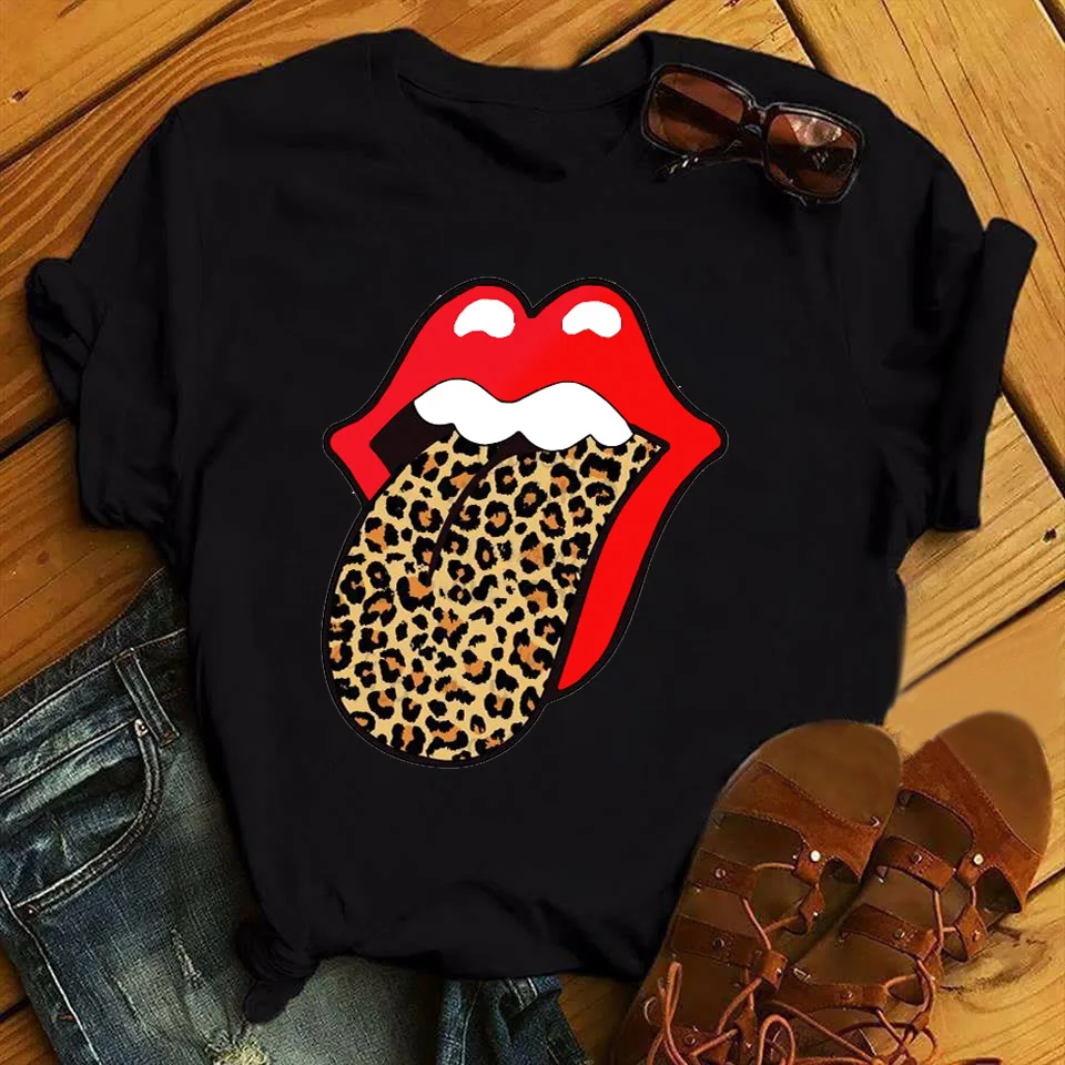 

Fashion T-shirts Spoof Lips Leopard Graphic T Shirt Women Tops Black Round Neck Tees Kiss Leopard Lip Funny Girls Tshirt
