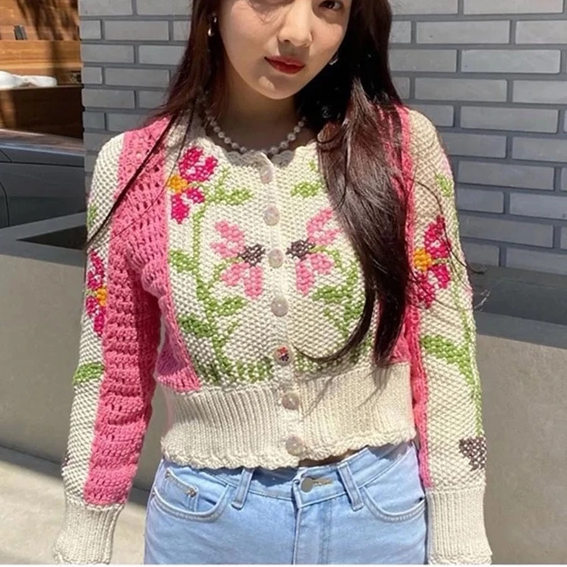 

2020 New Fashion Autumn Casual Chic Floral Embroidery Knitted Cardigans Women Knit Jacket Hollow Out Single-breasted Sweaters