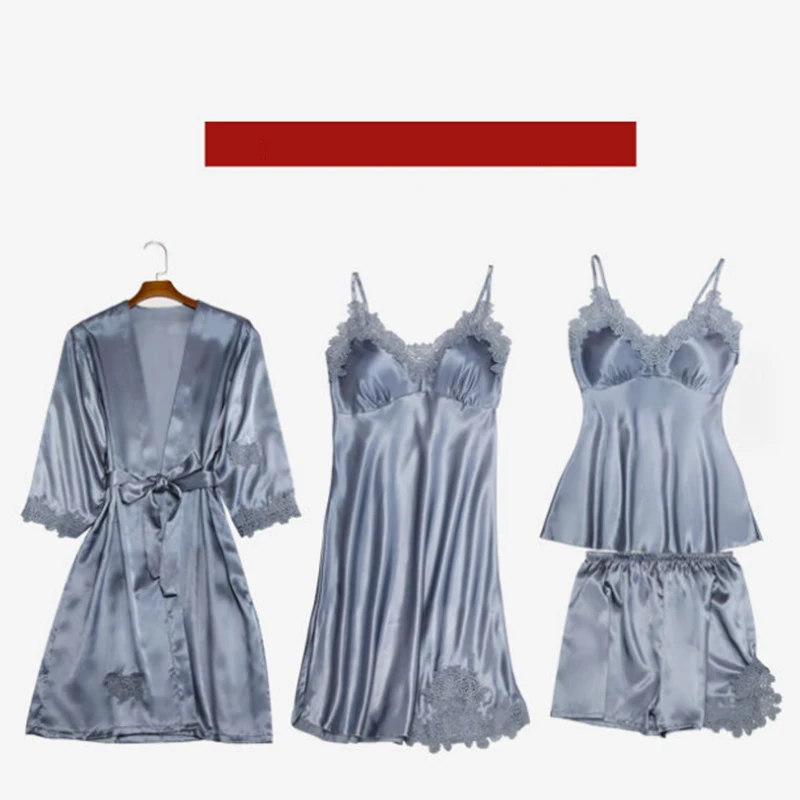 Женская пижама комплект из 4 предметов халат и платье кружевной шелковая