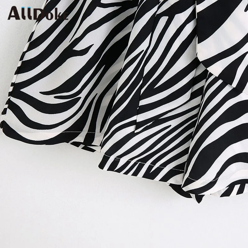 

ALLDOKE zebra casual playsuits women summer high waist notched sleeveless short jumpsuit office lady sashes rompers overalls